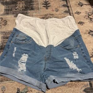 Maternity Distressed Denim Shorts with Stretch Waistband - Light Blue
